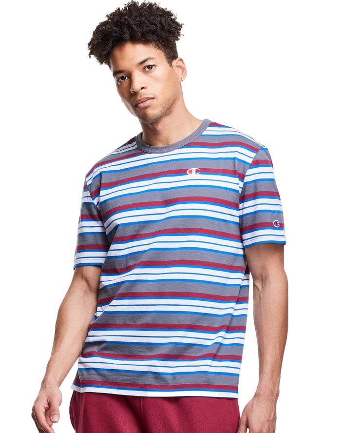 Champion Mens T-Shirt NZ - Yarn-Dye Stripe C Logo Grey/White/Red ( 3857-SXDOQ )